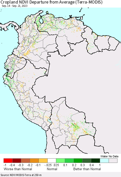 Northern South America Cropland NDVI Departure from Average (Terra-MODIS) Thematic Map For 9/14/2023 - 9/21/2023