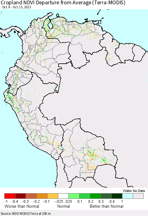 Northern South America Cropland NDVI Departure from Average (Terra-MODIS) Thematic Map For 10/8/2023 - 10/15/2023