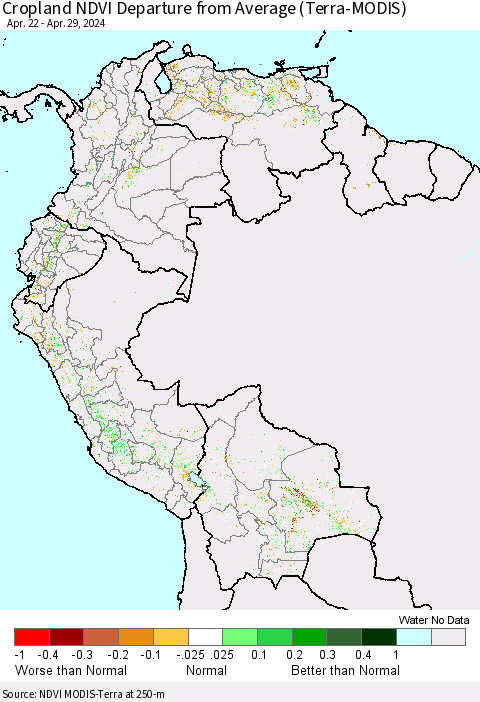 Northern South America Cropland NDVI Departure from Average (Terra-MODIS) Thematic Map For 4/22/2024 - 4/29/2024