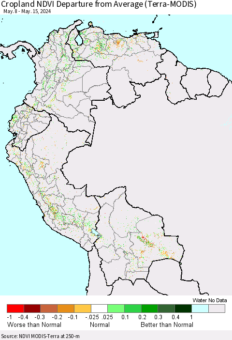 Northern South America Cropland NDVI Departure from Average (Terra-MODIS) Thematic Map For 5/8/2024 - 5/15/2024