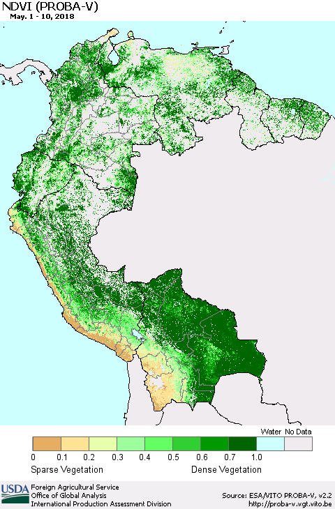 Northern South America NDVI (PROBA-V) Thematic Map For 5/1/2018 - 5/10/2018