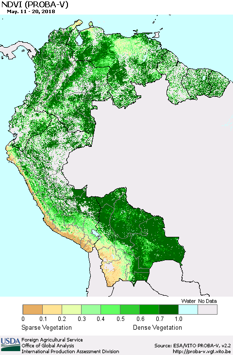 Northern South America NDVI (PROBA-V) Thematic Map For 5/11/2018 - 5/20/2018