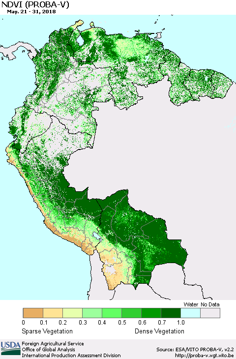 Northern South America NDVI (PROBA-V) Thematic Map For 5/21/2018 - 5/31/2018