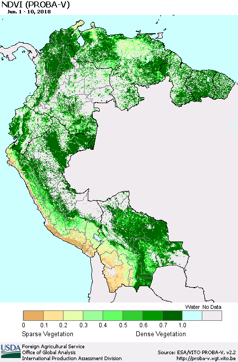 Northern South America NDVI (PROBA-V) Thematic Map For 6/1/2018 - 6/10/2018
