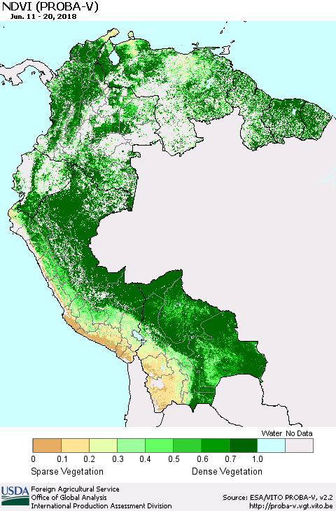 Northern South America NDVI (PROBA-V) Thematic Map For 6/11/2018 - 6/20/2018