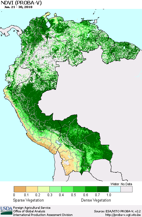 Northern South America NDVI (PROBA-V) Thematic Map For 6/21/2018 - 6/30/2018