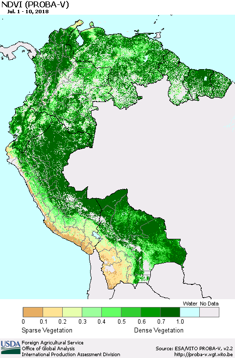 Northern South America NDVI (PROBA-V) Thematic Map For 7/1/2018 - 7/10/2018