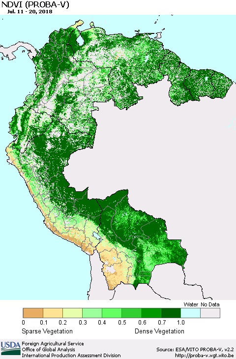 Northern South America NDVI (PROBA-V) Thematic Map For 7/11/2018 - 7/20/2018