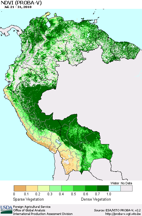 Northern South America NDVI (PROBA-V) Thematic Map For 7/21/2018 - 7/31/2018