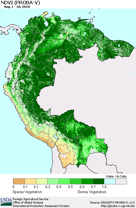 Northern South America NDVI (PROBA-V) Thematic Map For 8/1/2018 - 8/10/2018