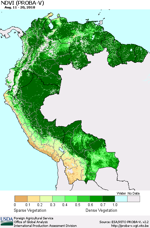 Northern South America NDVI (PROBA-V) Thematic Map For 8/11/2018 - 8/20/2018