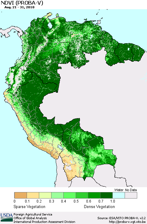 Northern South America NDVI (PROBA-V) Thematic Map For 8/21/2018 - 8/31/2018