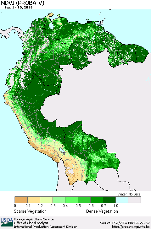 Northern South America NDVI (PROBA-V) Thematic Map For 9/1/2018 - 9/10/2018