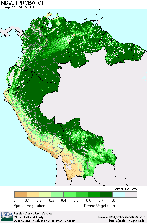 Northern South America NDVI (PROBA-V) Thematic Map For 9/11/2018 - 9/20/2018
