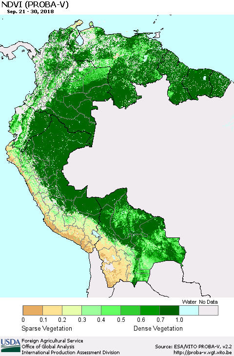 Northern South America NDVI (PROBA-V) Thematic Map For 9/21/2018 - 9/30/2018