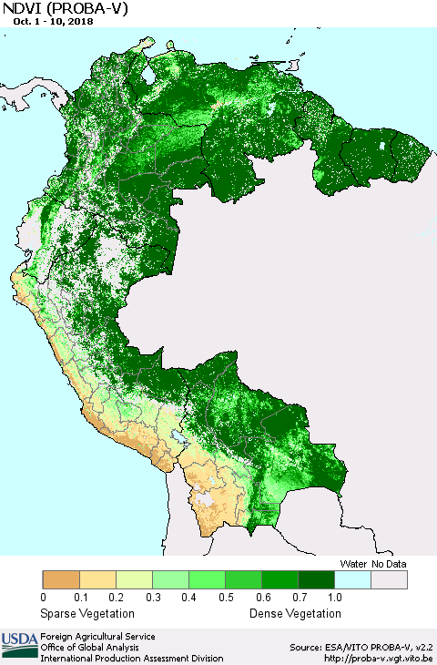 Northern South America NDVI (PROBA-V) Thematic Map For 10/1/2018 - 10/10/2018