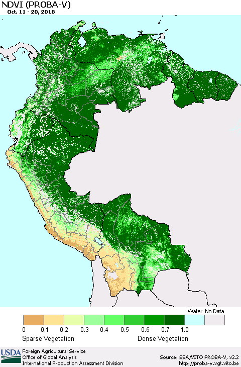 Northern South America NDVI (PROBA-V) Thematic Map For 10/11/2018 - 10/20/2018
