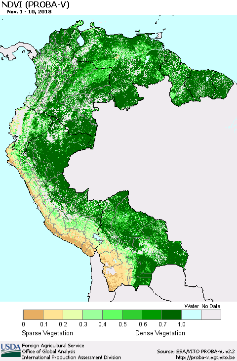 Northern South America NDVI (PROBA-V) Thematic Map For 11/1/2018 - 11/10/2018