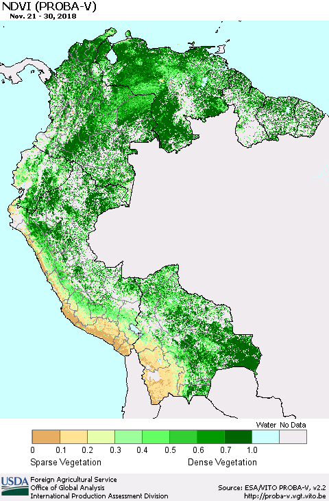 Northern South America NDVI (PROBA-V) Thematic Map For 11/21/2018 - 11/30/2018