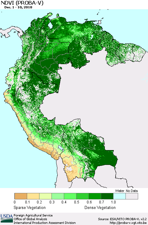 Northern South America NDVI (PROBA-V) Thematic Map For 12/1/2018 - 12/10/2018