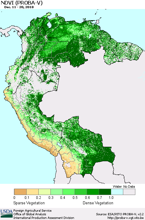 Northern South America NDVI (PROBA-V) Thematic Map For 12/11/2018 - 12/20/2018