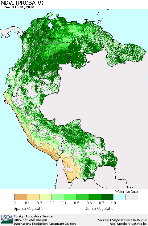Northern South America NDVI (PROBA-V) Thematic Map For 12/21/2018 - 12/31/2018