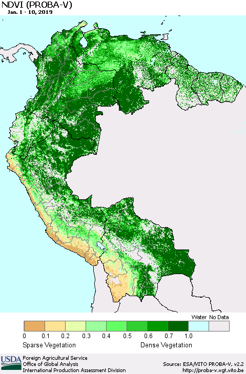 Northern South America NDVI (PROBA-V) Thematic Map For 1/1/2019 - 1/10/2019