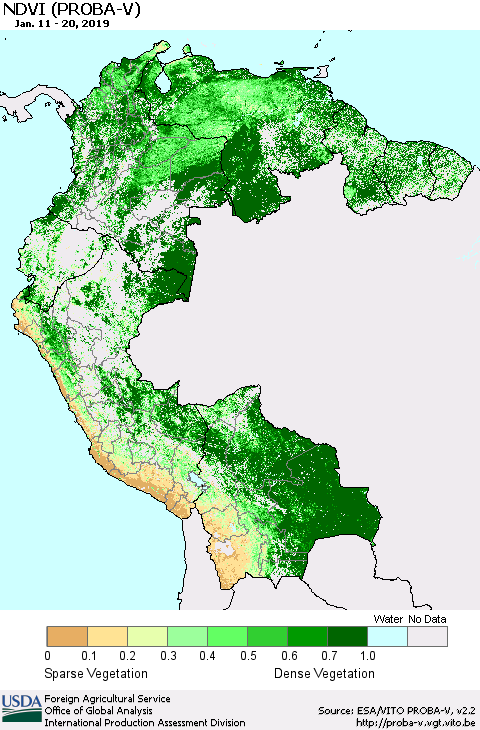 Northern South America NDVI (PROBA-V) Thematic Map For 1/11/2019 - 1/20/2019