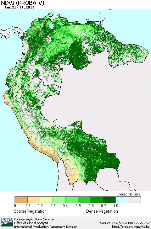 Northern South America NDVI (PROBA-V) Thematic Map For 1/21/2019 - 1/31/2019