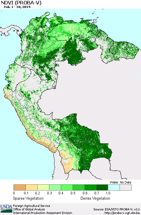 Northern South America NDVI (PROBA-V) Thematic Map For 2/1/2019 - 2/10/2019