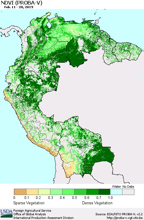 Northern South America NDVI (PROBA-V) Thematic Map For 2/11/2019 - 2/20/2019