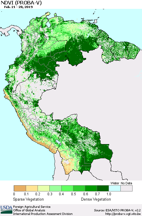 Northern South America NDVI (PROBA-V) Thematic Map For 2/21/2019 - 2/28/2019