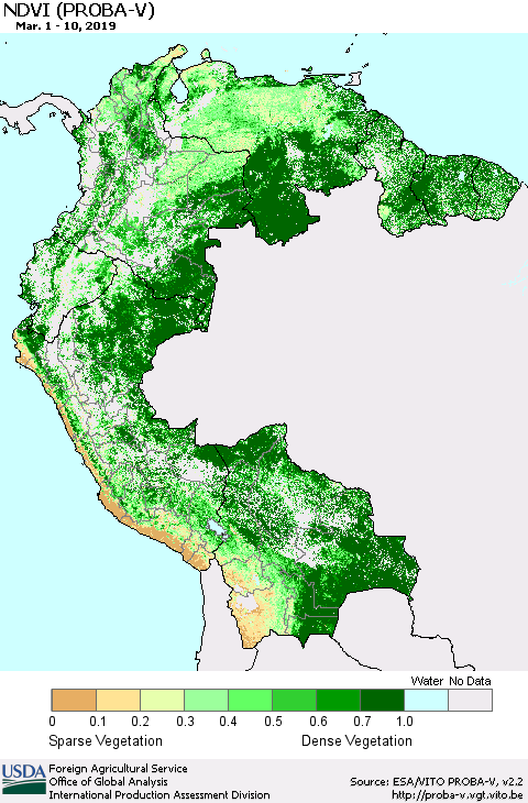 Northern South America NDVI (PROBA-V) Thematic Map For 3/1/2019 - 3/10/2019