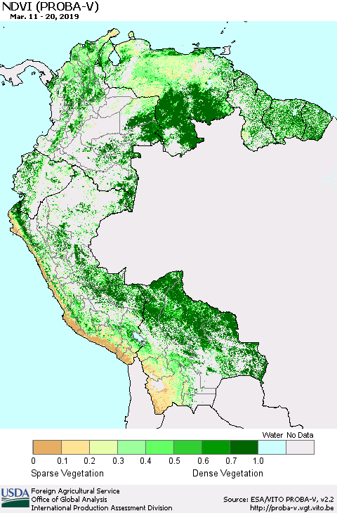 Northern South America NDVI (PROBA-V) Thematic Map For 3/11/2019 - 3/20/2019