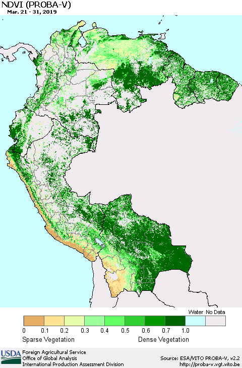 Northern South America NDVI (PROBA-V) Thematic Map For 3/21/2019 - 3/31/2019