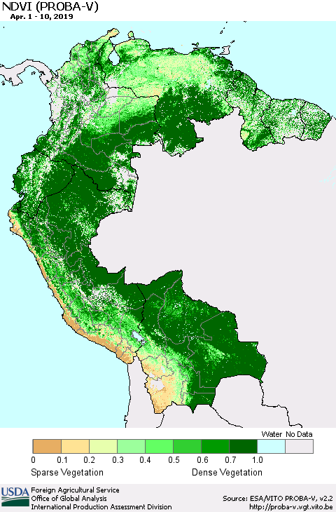 Northern South America NDVI (PROBA-V) Thematic Map For 4/1/2019 - 4/10/2019