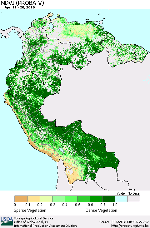 Northern South America NDVI (PROBA-V) Thematic Map For 4/11/2019 - 4/20/2019