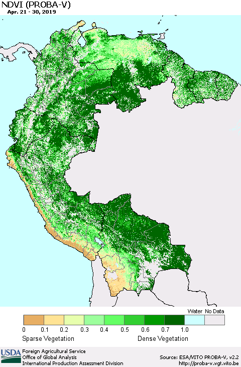 Northern South America NDVI (PROBA-V) Thematic Map For 4/21/2019 - 4/30/2019