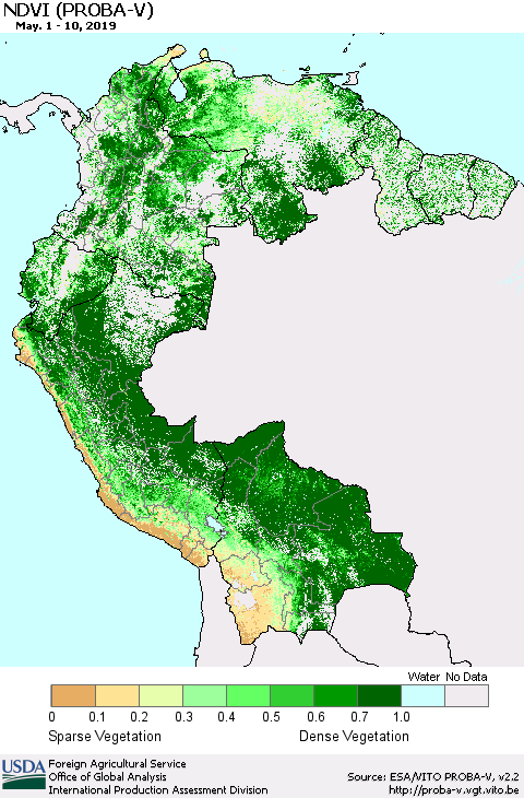 Northern South America NDVI (PROBA-V) Thematic Map For 5/1/2019 - 5/10/2019