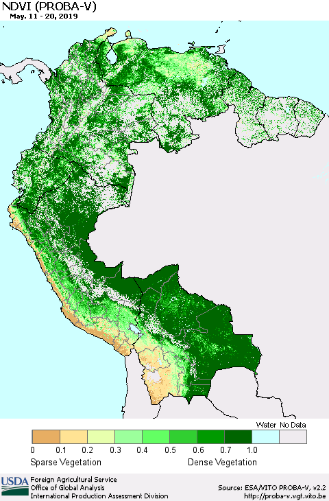 Northern South America NDVI (PROBA-V) Thematic Map For 5/11/2019 - 5/20/2019