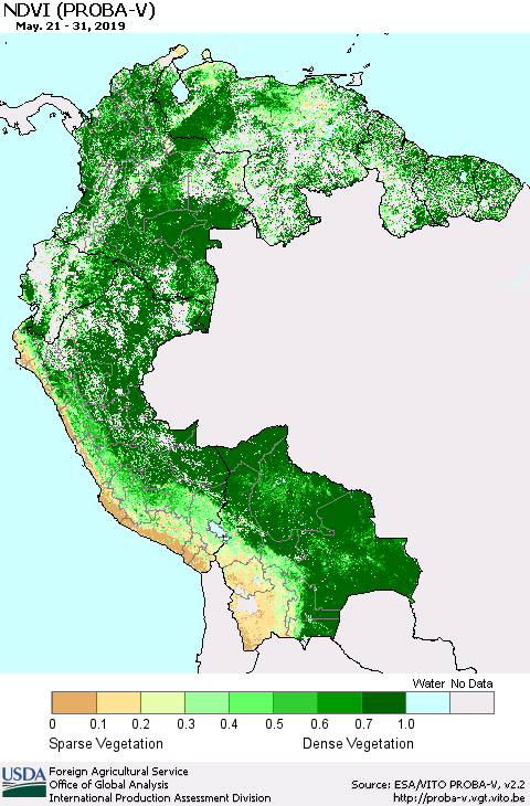 Northern South America NDVI (PROBA-V) Thematic Map For 5/21/2019 - 5/31/2019