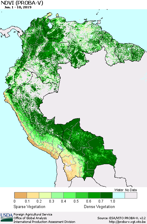 Northern South America NDVI (PROBA-V) Thematic Map For 6/1/2019 - 6/10/2019