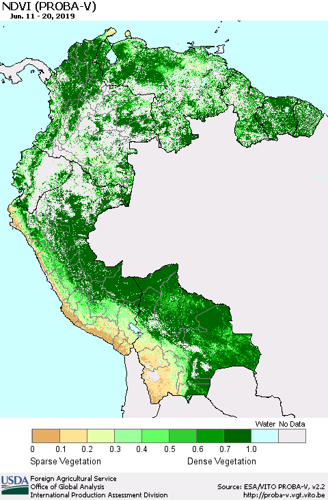 Northern South America NDVI (PROBA-V) Thematic Map For 6/11/2019 - 6/20/2019