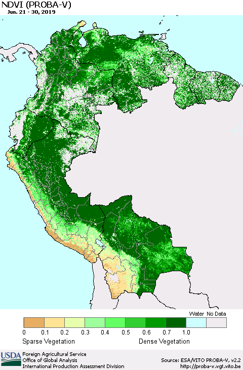 Northern South America NDVI (PROBA-V) Thematic Map For 6/21/2019 - 6/30/2019