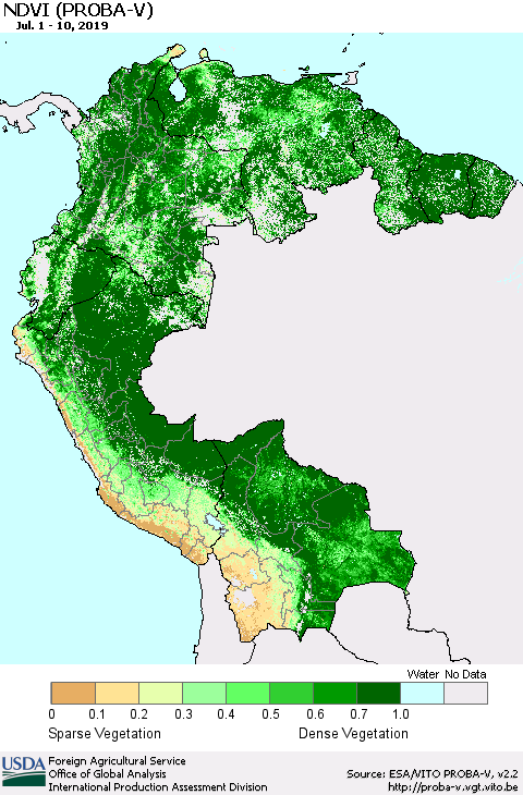 Northern South America NDVI (PROBA-V) Thematic Map For 7/1/2019 - 7/10/2019
