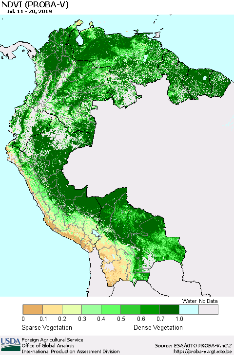 Northern South America NDVI (PROBA-V) Thematic Map For 7/11/2019 - 7/20/2019