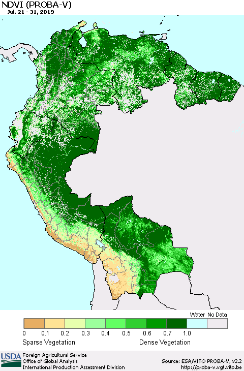 Northern South America NDVI (PROBA-V) Thematic Map For 7/21/2019 - 7/31/2019