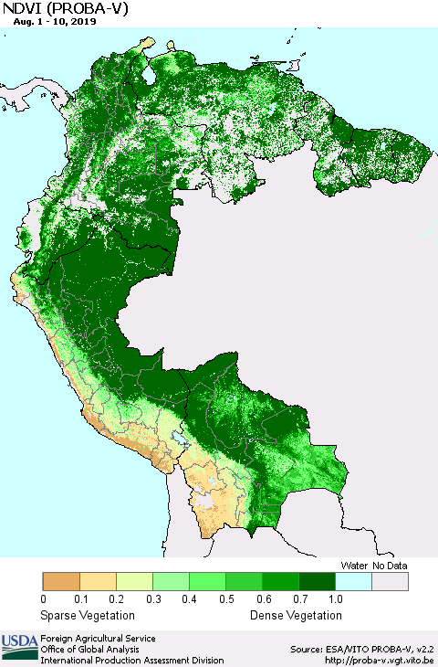 Northern South America NDVI (PROBA-V) Thematic Map For 8/1/2019 - 8/10/2019