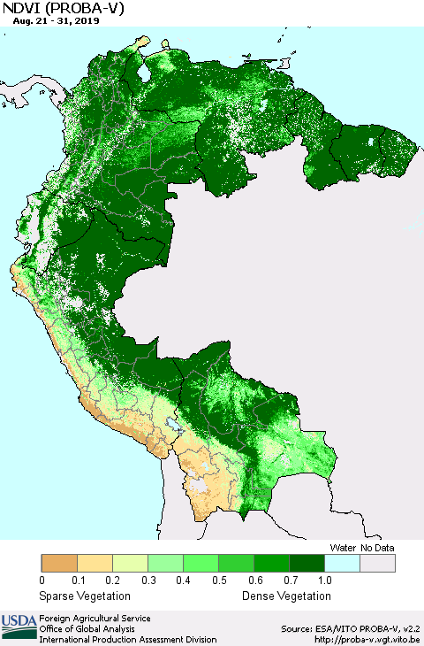 Northern South America NDVI (PROBA-V) Thematic Map For 8/21/2019 - 8/31/2019