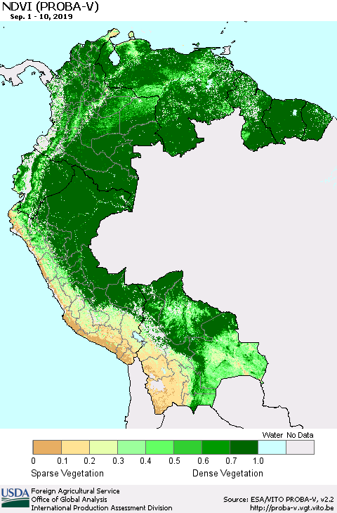 Northern South America NDVI (PROBA-V) Thematic Map For 9/1/2019 - 9/10/2019